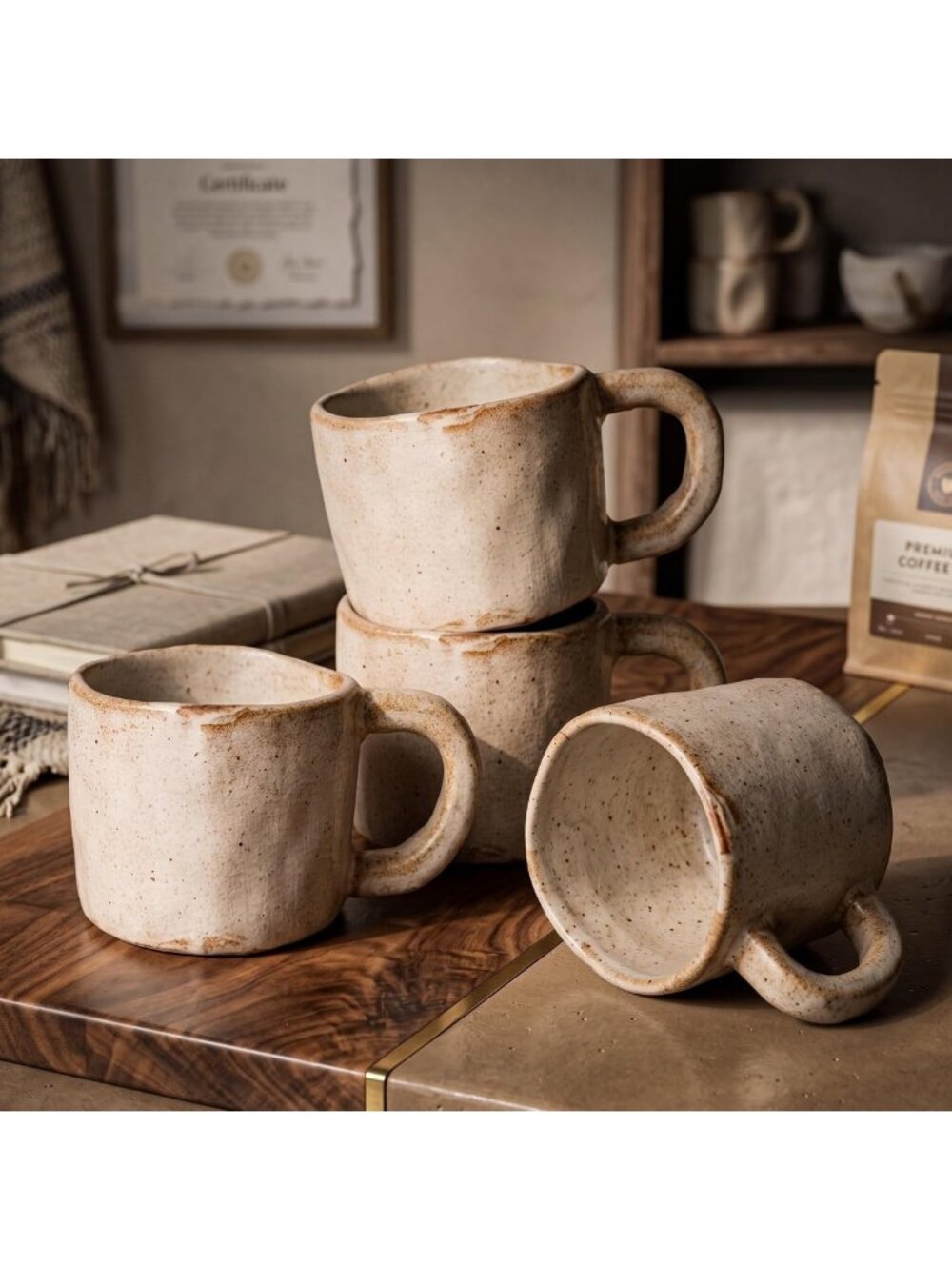 Handmade Vintage Pottery Coffee Mugs Set of 4, 8.5 oz Stoneware Cups, Rustic